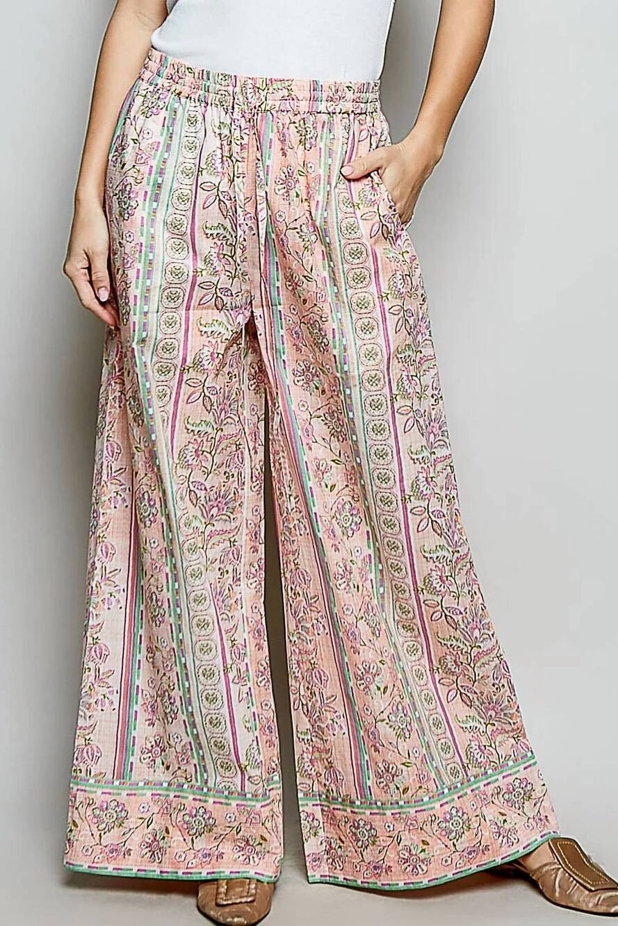 NEW POL floral stripe block print wide leg pants in coral